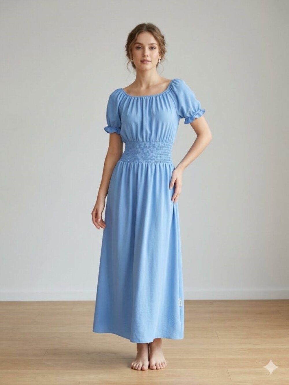 Light Blue Midi Dress Puff Sleeves Ruched Waist Open Back Size S